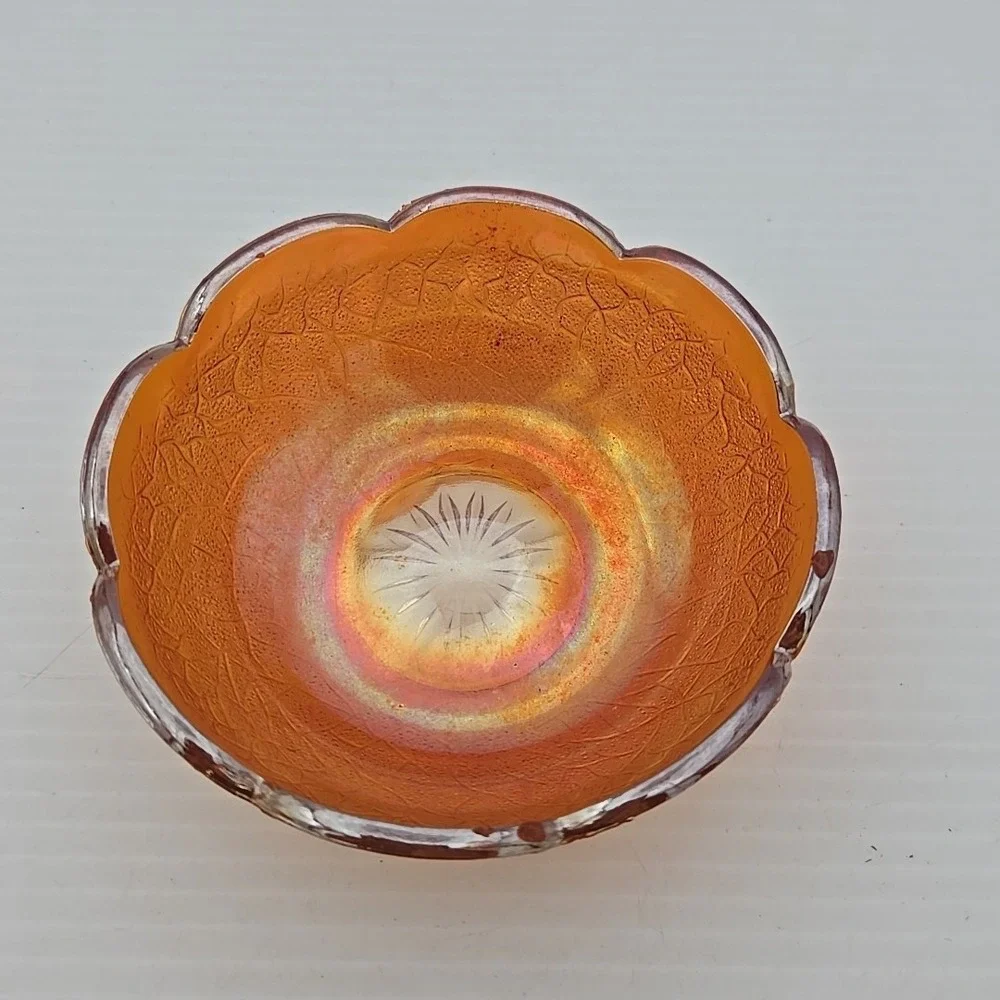 VTG Jeanette Marigold Orange Carnival Glass Crackle 4 -1/4